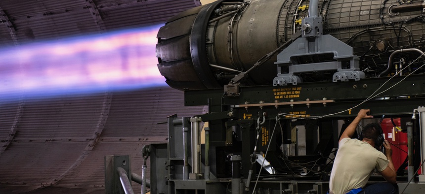U.S. Air Force Senior Airman Skyler Fleming, 20th Component Maintenance Squadron engine test facility (ETF) journeyman, inspects an active General Electric F110-GE-129 engine at Shaw Air Force Base, S.C., May 29, 2019.