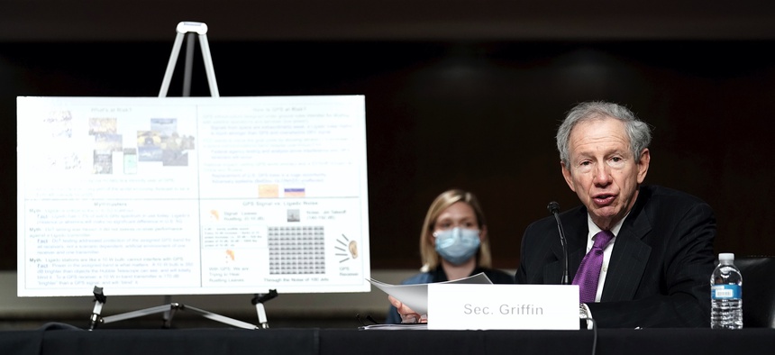 Michael Griffin, Under Secretary of Defense for Research and Engineering, speaks to the Senate Armed Services Committee hearing on May 6, 2020.