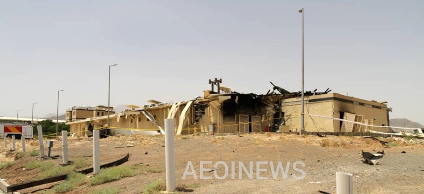 This photo released Thursday, July 2, 2020, by the Atomic Energy Organization of Iran, shows a building after it was damaged by a fire, at the Natanz uranium enrichment facility some 200 miles (322 kilometers) south of the capital Tehran, Iran.
