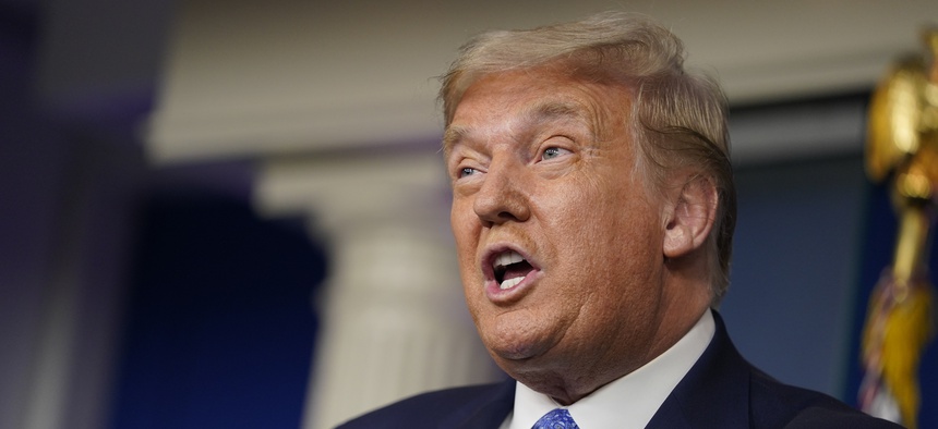 President Donald Trump speaks during a news conference at the White House, Wednesday, July 22, 2020, in Washington.