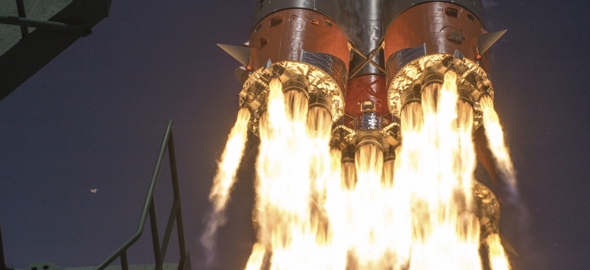 In this April 9, 2020 photo, Roscosmos Space Agency Press Service the Soyuz-2.1A rocket booster with Soyuz MS-16 space ship carrying a new crew to the International Space Station, ISS, blasts off at the Russian leased Baikonur cosmodrome, Kazakhstan.