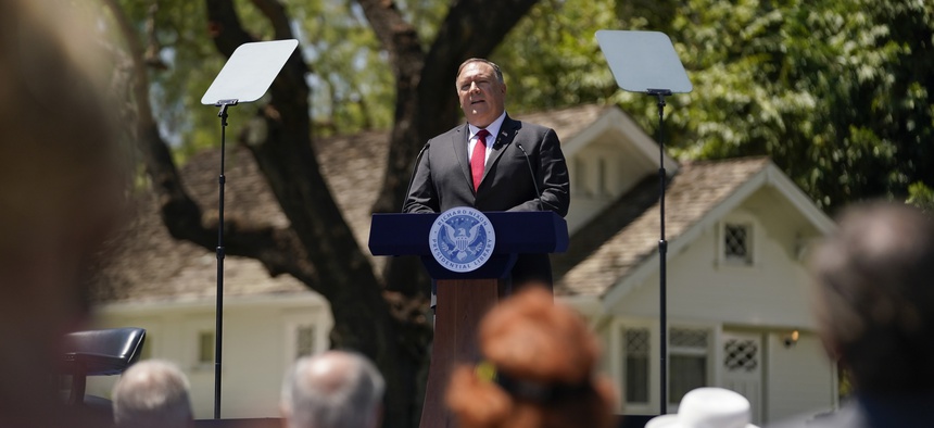 Secretary of State Mike Pompeo speaks at the Richard Nixon Presidential Library, Thursday, July 23, 2020, in Yorba Linda, Calif.