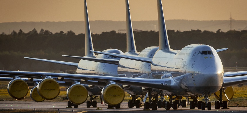 Lufthansa Boeing 747 aircraft parked in Frankfurt due to the coronavirus pandemic.