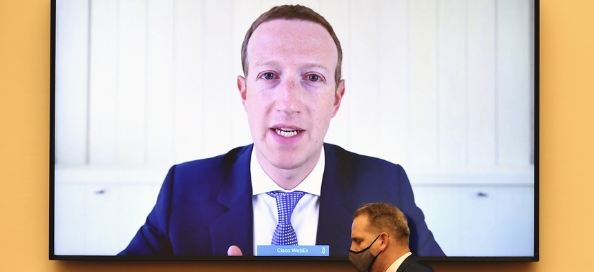 Facebook CEO Mark Zuckerberg testifies remotely during a House Judiciary subcommittee hearing on antitrust on Capitol Hill on Wednesday, July 29, 2020, in Washington.