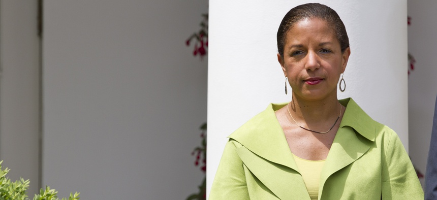 National Security Adviser Susan Rice listens as President Barack Obama announces that he will nominate Marine Gen. Joseph Dunford Jr. as the next chairman of the Joint Chiefs of Staff, Tuesday, May 5, 2015, at the White House Rose Garden.
