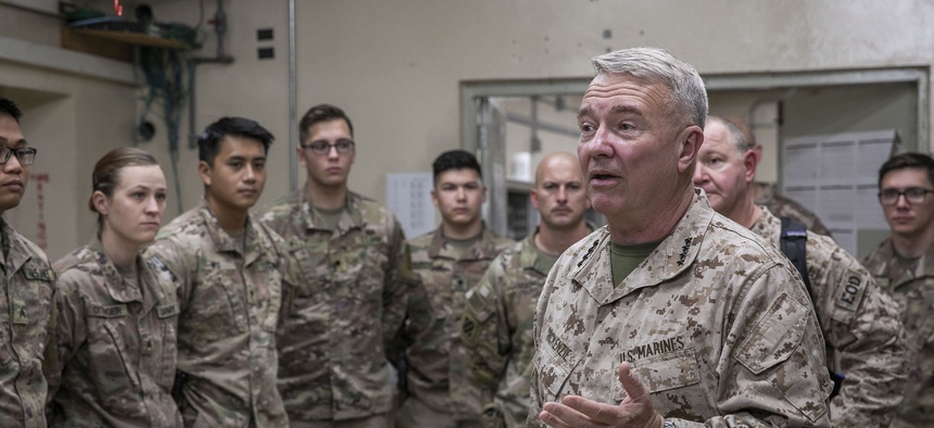 U.S. Marine Corps Gen. Kenneth F. McKenzie Jr., the commander of U.S. Central Command, speaks to U.S. soldiers in Afghanistan in 2019.