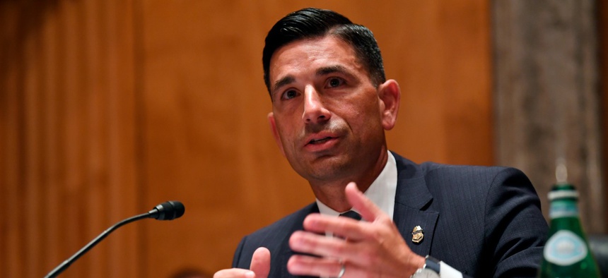 Acting Secretary of Homeland Security Chad Wolf testifies during a Senate Homeland Security and Governmental Affairs Committee hearing on Aug. 6.