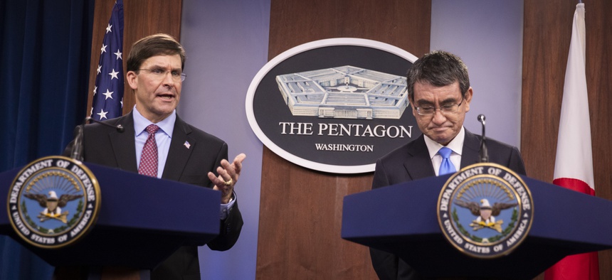 Defense Secretary Mark Esper and Japan's Defense Minister Taro Kono speak during a news conference at the Pentagon in Washington, Tuesday, Jan. 14, 2020.