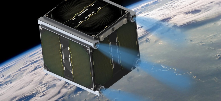 An artist rendition of Morpheus Space nano thrusters on a 1U CubeSat.