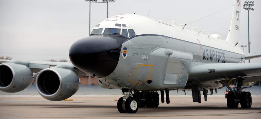 An Offutt-based RC-135 V/W Rivet Joint aircraft taxis out of its parking spot during Global Thunder 17, U.S. Strategic Command’s annual command post and field training exercise, Oct. 30, 2016, at Offutt Air Force Base, Neb.