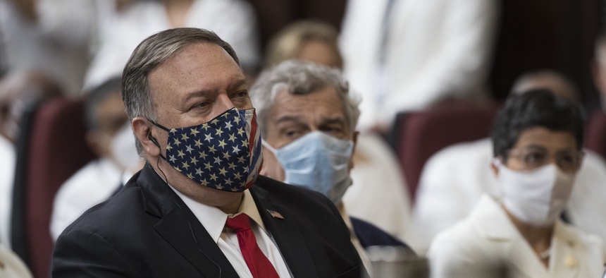 US Secretary of State Mike Pompeo, attends the swearing-in ceremony of Dominican Republic's President Luis Abinader in Santo Domingo, Dominican Republic, Aug. 16, 2020.