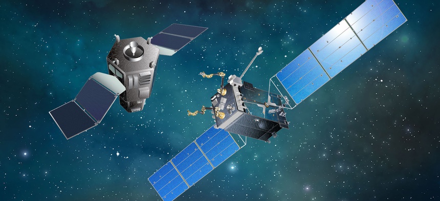 An artist's illustration of a satellite-servicing spacecraft approaching its target.