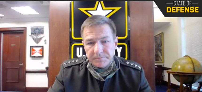 Army Chief of Staff Gen. James McConville discussed the Army's future during an interview with Defense One for the 'State of Defense' virtual event series, Tuesday, Sept. 8, 2020.