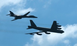 A B-1 Lancer and a B-52 Stratofortress fly over Barksdale Air Force Base, La., in 2015. 