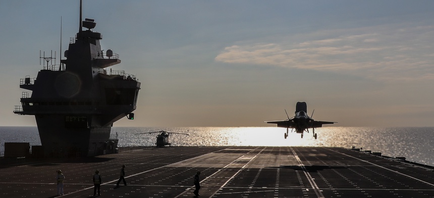 An F-35B lands aboard the Royal Navy aircraft carrier HMS Queen Elizabeth.