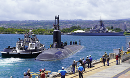 USS Missouri (SSN 780), a Virginia-class fast-attack submarine, departs Pearl Harbor Naval Shipyard and Intermediate Maintenance Facility on May 10, 2020.