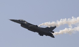 A Hellenic Air Force F-16 takes part at the annual military parade at the northern port city of Thessaloniki, Greece during a military parade, Sunday, Oct. 28, 2018.