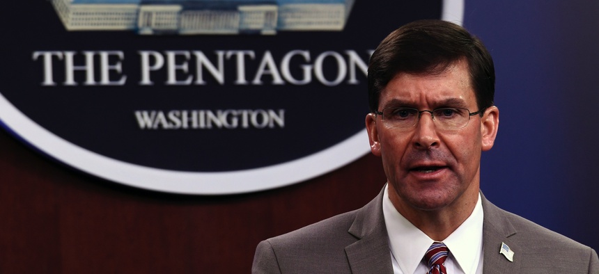 Defense Secretary Mark Esper speaks during a briefing at the Pentagon in Washington, Monday, March 2, 2020.