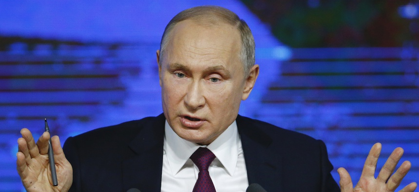 Russian President Vladimir Putin speaks during his annual news conference in Moscow, Russia, Thursday, Dec. 20, 2018