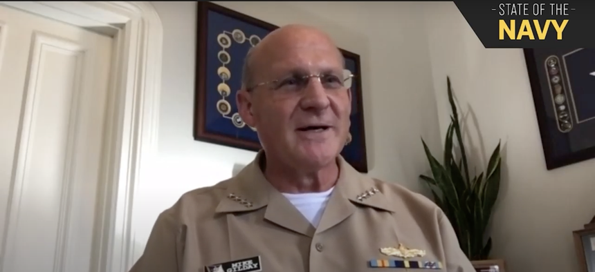 Adm. Michael Gilday speaks at the State of the Navy event on Oct. 13.