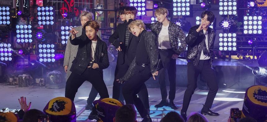 South Korean K-Pop boy band BTS caused uproar in China after RM, the band's leader, thanked Korean War veterans for their sacrifices but made no mention of China. File photo from December 31, 2019, in Times Square, New York City.
