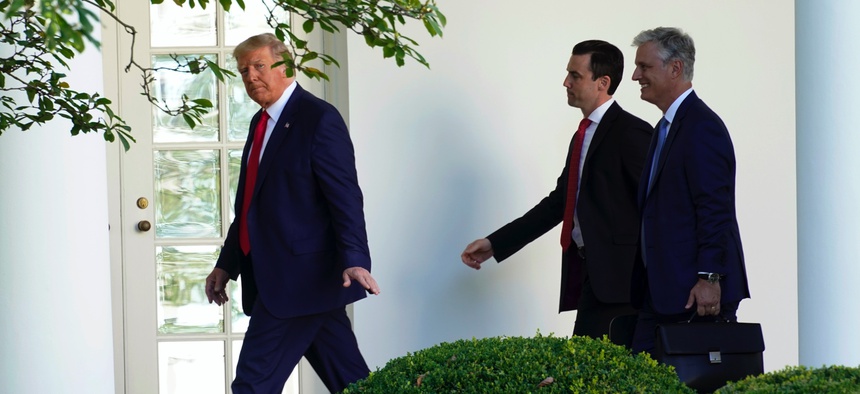 President Donald Trump and national security adviser Robert O'Brien outside the White House on Sept. 21, 2020.