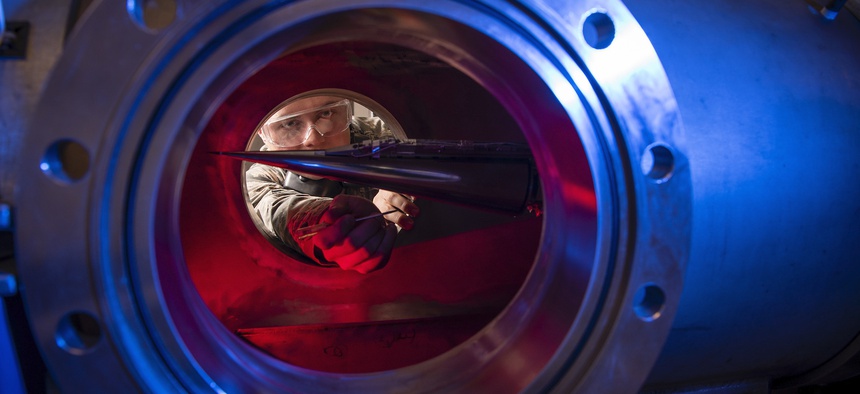 Cadet 2nd Class Eric Hembling uses a Ludwieg Tube to measure the pressures, temperatures, and flow field of various basic geometric and hypersonic research vehicles at Mach 6 in The United States Air Force Academy's Department of Aeronautics.