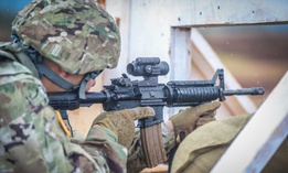 SCHOFIELD BARRACKS, Hawaii – Soldier with 25th Infantry Division Artillery “DIVARTY” gets ready to fire his M4 rifle during an M4 qualification range on Oct. 15, 2020 at Schofield Barracks, Hawaii.