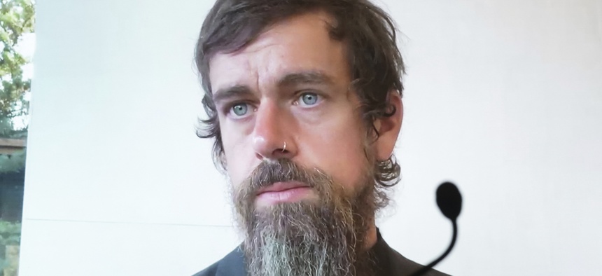Twitter CEO Jack Dorsey appears on a screen as he speaks remotely during a hearing before the Senate Commerce Committee on Capitol Hill, Wednesday, Oct. 28, 2020, in Washington.