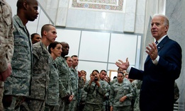 Then-U.S. Vice President Joe Biden talks with troops at Victory Base Complex, Iraq, in 2011.