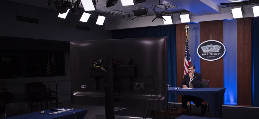 Defense Secretary Mark Esper conducts a virtual engagement with industry partners, the Pentagon, Washington, D.C., Oct. 21, 2020.