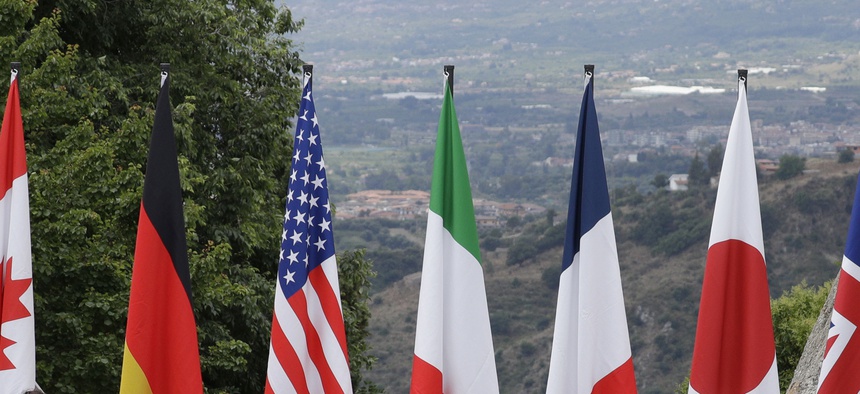 A group photo for the G7 summit in the Ancient Theatre of Taormina ( 3rd century BC) in the Sicilian citadel of Taormina, Italy, Friday, May 26, 2017.