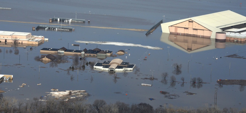 Water covered one-third of Offutt Air Force Base, Nebraska, after the Missouri River flooded in March 2019.