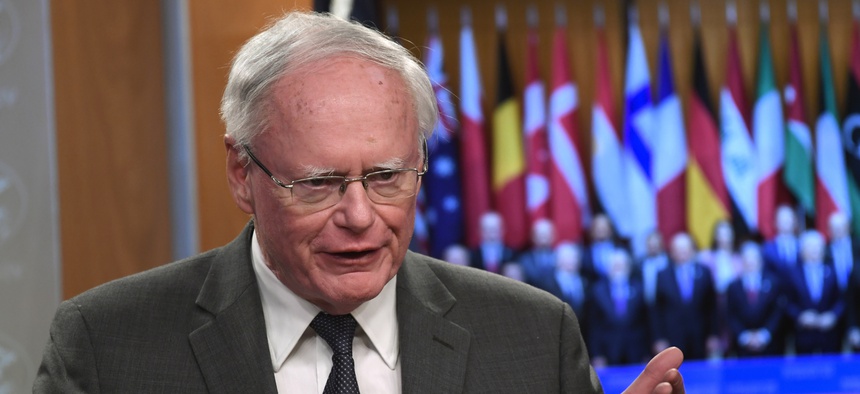 Amb. James Jeffrey, special representative for Syria Engagement and special envoy to the Global Coalition to Defeat Islamic State, speaks during a news conference at the State Department in Washington, Thursday, Nov. 14, 2019.