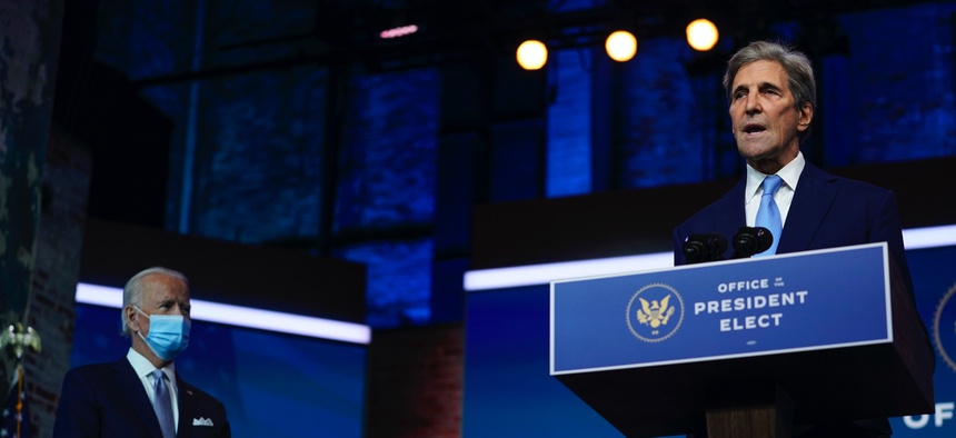 President-elect Joe Biden's climate envoy nominee former Secretary of State John Kerry speaks at The Queen theater, Tuesday, Nov. 24, 2020, in Wilmington, Del.