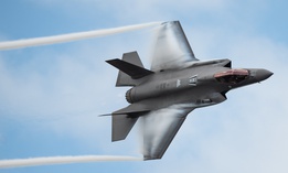 Capt. Andrew Olson, F-35 Demonstration Team pilot and commander, performs a dedication pass during the Melbourne Air and Space Show in Melbourne, Fla., March 30, 2019.