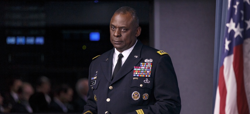 Army Gen. Lloyd J. Austin III, commander of U.S. Central Command, updates reporters at the Pentagon about the military campaign against Islamic State militants in Iraq, Friday, Oct. 17, 2014.