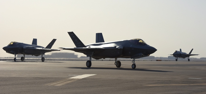 Three F-35A Lightning IIs assigned to the 4th Expeditionary Fighter Squadron taxi after landing at Al Dhafra Air Base, United Arab Emirates, April 15, 2019.