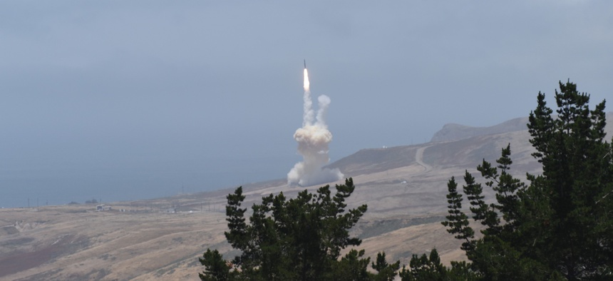 A ground-based interceptor is launched by the ground-based midcourse defense system out of Vandenberg Air Force Base, Calif., May 30, 2017.