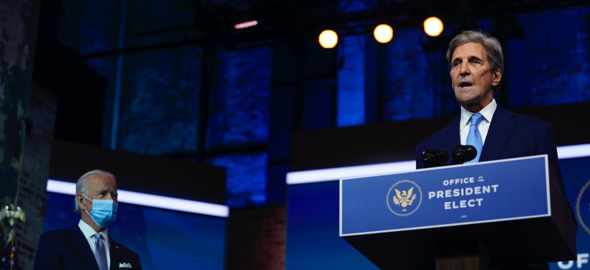President-elect Joe Biden's climate envoy nominee former Secretary of State John Kerry speaks on Nov. 24, 2020, in Wilmington, Del.