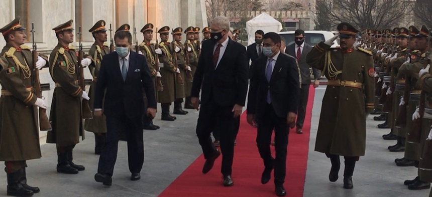 Acting Defense Secretary Christopher Miller enters the Afghanistan Presidential Palace on Tuesday, Dec 22, 2020
