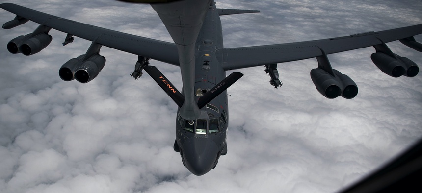 An Air Force B-52 Stratofortress receives fuel from a KC-135 Stratotanker over Southwest Asia, May 12, 2019.