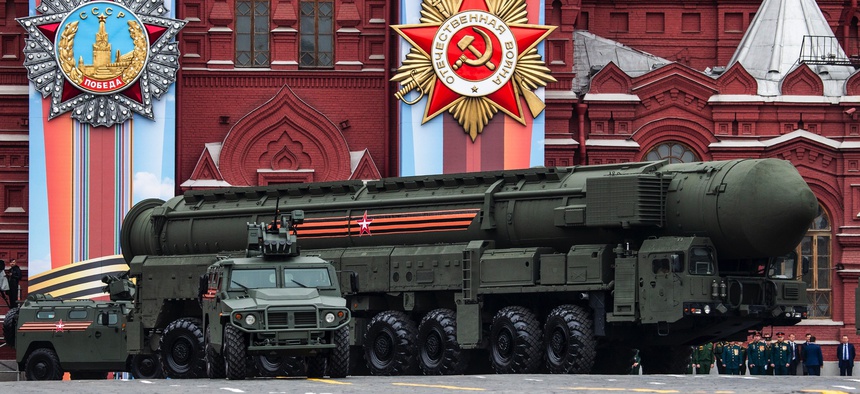 A Russian Topol-M intercontinental ballistic missile launcher rolls in Moscow, Russia, on May 9, 2019.