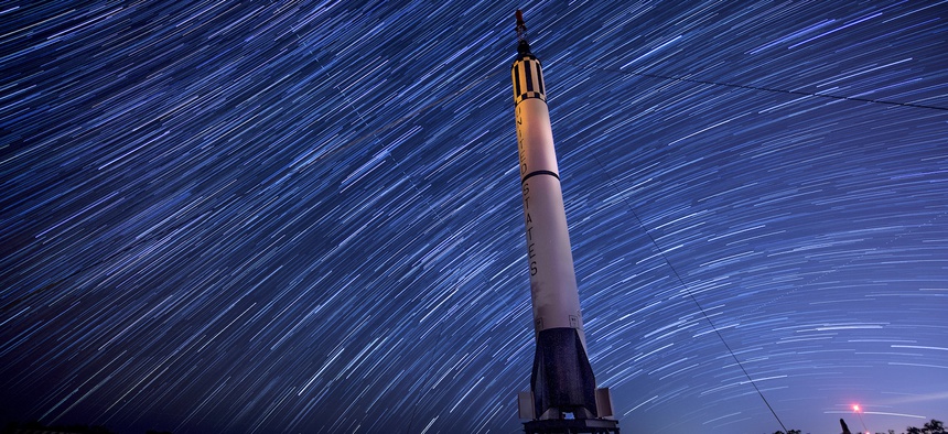 The park on Cape Canaveral, Fla. showcases several pieces of equipment that were monumental to the development of Air Force Space Command. Here, 216 photos captured over a 90 minute period are layered over one another, making the star trails come to life.