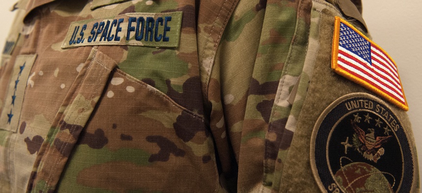 The chief of space operations for the U.S. Space Force displays the service’s uniform nametapes in the Pentagon Jan. 17 in Arlington, Virginia.