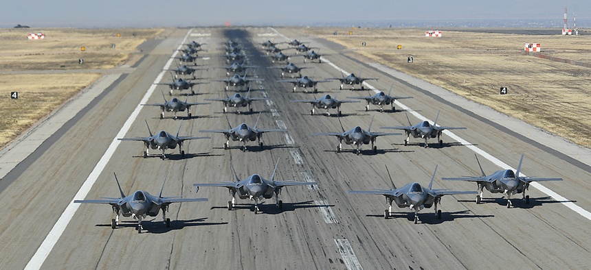 Pilots from the 388th and 419th Fighter Wings taxi F-35As on the runway in preparation for a combat power exercise Nov. 19, 2018, at Hill Air Force Base, Utah.