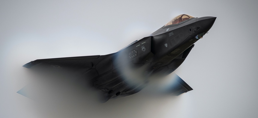 Air Force Capt. Andrew “Dojo” Olson, commander of the F-35 Demonstration Team, performs a high-speed pass during the Oregon International Airshow in McMinnville, Ore., Sept. 21, 2019.