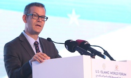 Colin Kahl, then national security advisor to Vice President Biden, speaks at the US-Islamic World Forum in 2015.