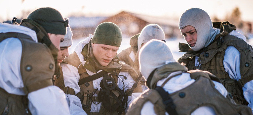 Norwegian troops exercise in the far northern region of Norway in early March 2021.