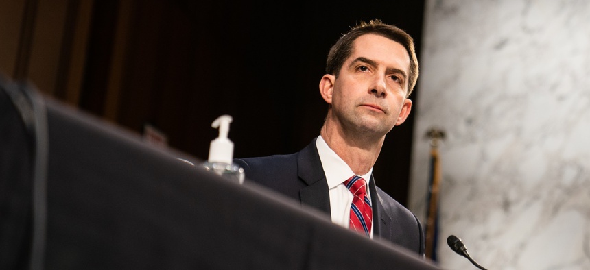 U.S. Sen. Tom Cotton (R-AR) speaks during U.S. Attorney General nominee Merrick Garland's confirmation hearing in the Senate Judiciary Committee on Capitol Hill on February 22, 2021 in Washington, DC.